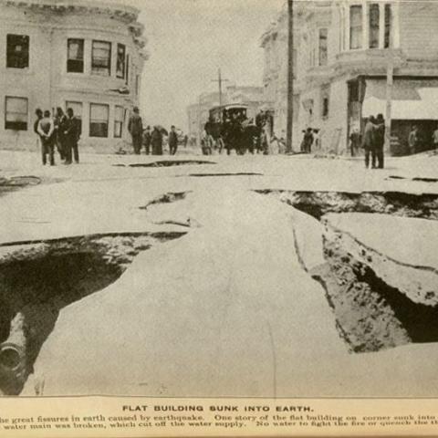 Photograph, a crumbling street and a broken pipe underneath, in San Francisco Earthquake Horror