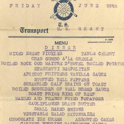 Dinner menu from June 26 on the U.S. Grant