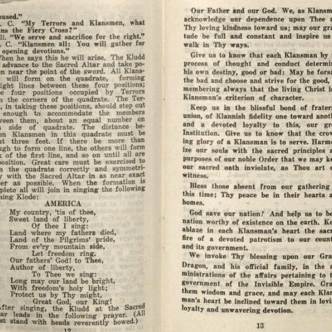 Inside of the Kloran, the song "My Country ‘Tis of Thee" and a prayer