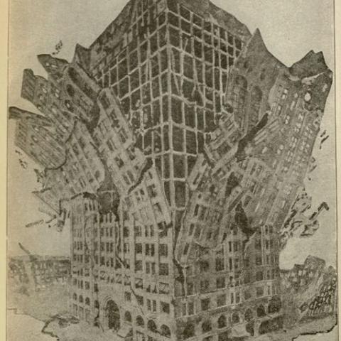 Drawing, in San Francisco Earthquake Horror, depicting the effects of earthquakes on modern steel buildings