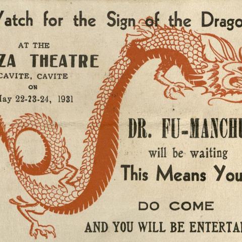 Advertisement for visit by Dr. Fu-Manchu to the Plaza Theater in Cavite (front)