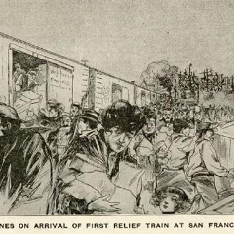 Illustration, in San Francisco's Great Disaster, titled, Scenes on Arrival of First Relief Train at San Francisco