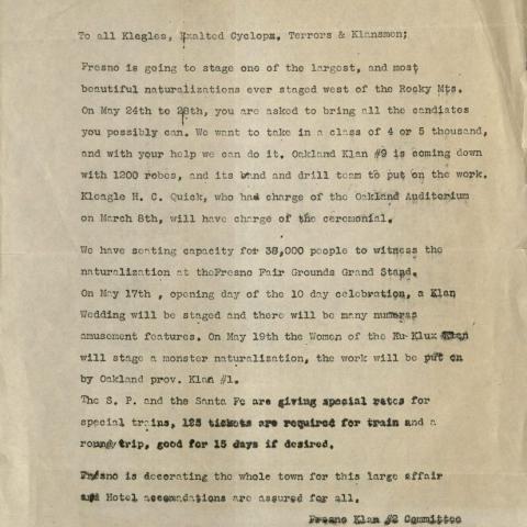 Bulletin from T. C. Moore to all Klegles, Exalted Cyclops, Terrors & Klansmen