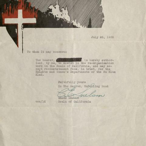Letter from the Grand Dragon to reinstate the re-organization of the Realm of California, July 25, 1939