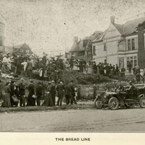 Photograph showing a long line for food, in San Francisco's Great Disaster