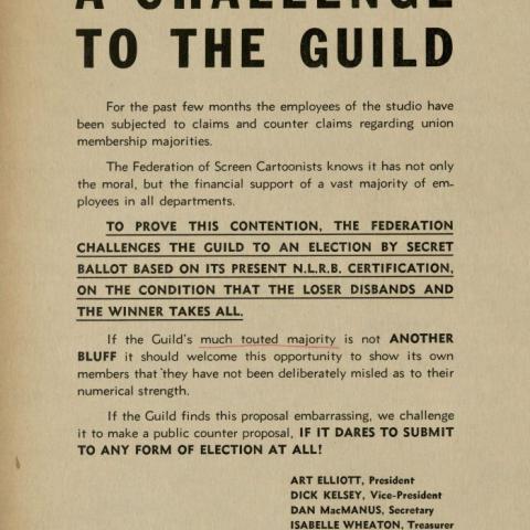 Flyer from the Federation of Screen Cartoonists challenging the Guild to a winner-take-all vote