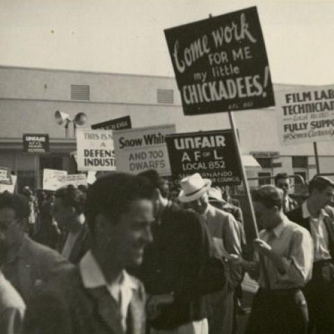 Protesters on site at a Walt Disney Studios protest