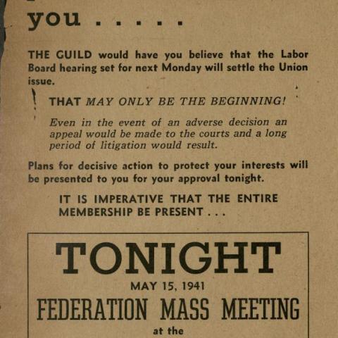 A flyer promoting a mass meeting, and discrediting the Screen Cartoonists Guild