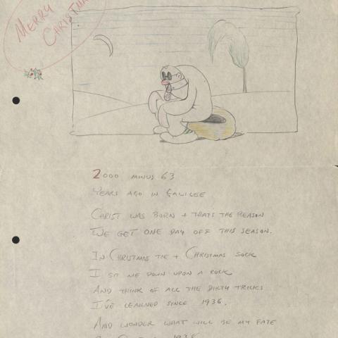 A Christmas cartoon, with a short poem describing the lack of job security for a cartoon artist
