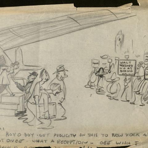 A  sarcastic cartoon sketch of executives stepping off of a plane to find protesters