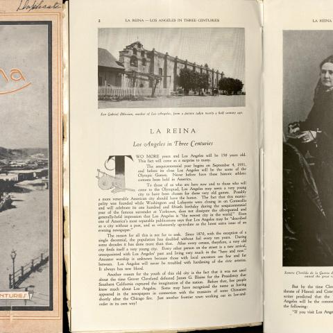 Cover and pages, La Reina, Los Angeles in Three Centuries: A Volume Commemorating the Fortieth Anniversary of the Founding of the Security Trust & Savings Bank of Los Angeles, February 11, 1889 by Laurance L. Hill, 1929. Fred Parke Brownlee Collection F869.L8 H6  