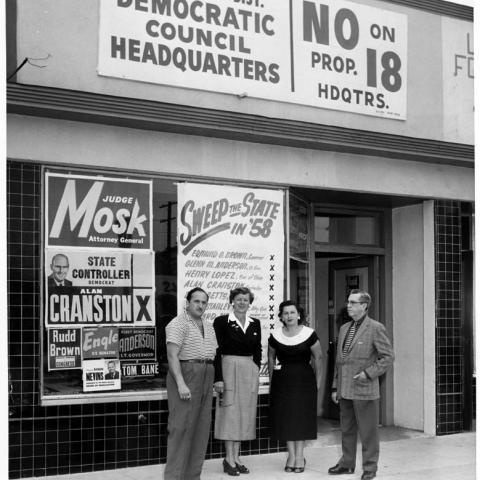 Campaign associates in front of the North Hollywood field office for the "No on Proposition 18" campaign, 1958