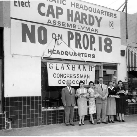 Campaign associates in front of the Reseda field office for the "No on Proposition 18" campaign, 1958