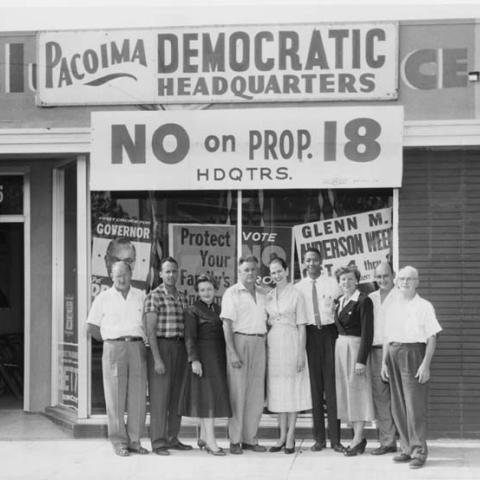 Campaign associates in front of the Pacoima field office for the "No on Proposition 18" campaign, 1958
