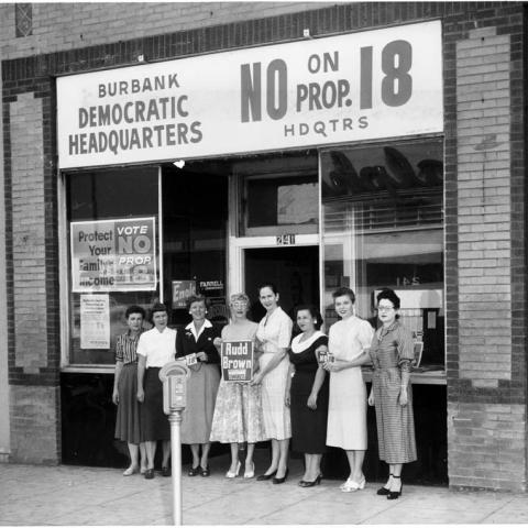 Campaign associates in front of the Burbank field office for the "No on Proposition 18" campaign, 1958