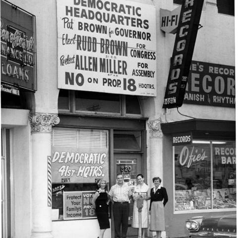 Campaign associates in front of the San Fernando field office for the "No on Proposition 18" campaign, 1958