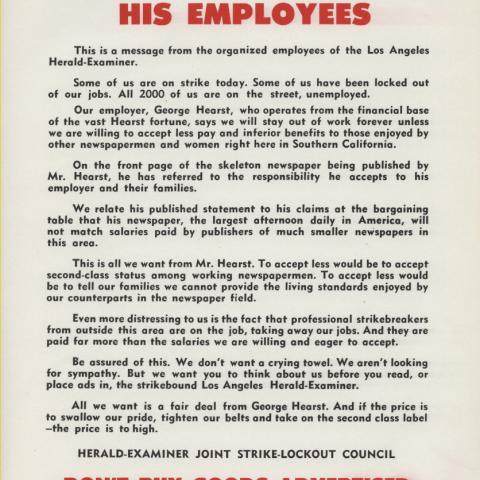 "How Hearst Hurts His Employees," flyer by the Joint Strike-Lockout Council
