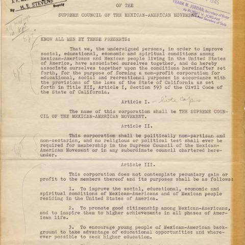 Articles of Incorporation for the Supreme Council of the Mexican-American Movement (page 1),  December 19, 1945.