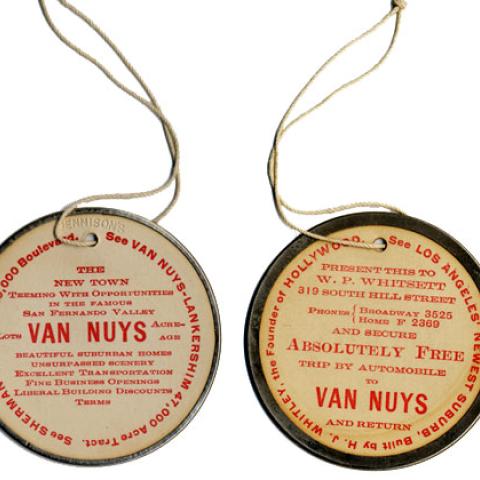 Photograph, a tag advertising a free trip by automobile from downtown Los Angeles to Van Nuys, 1911