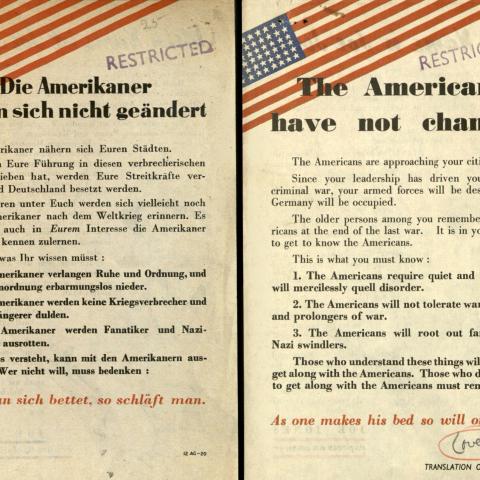 German- and English-language versions of flyer, "The Americans have not changed"