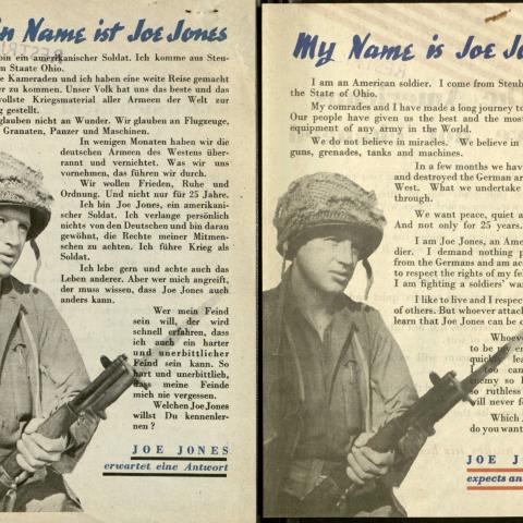 German- and English-language versions of back of flyer, "The Americans have not changed"