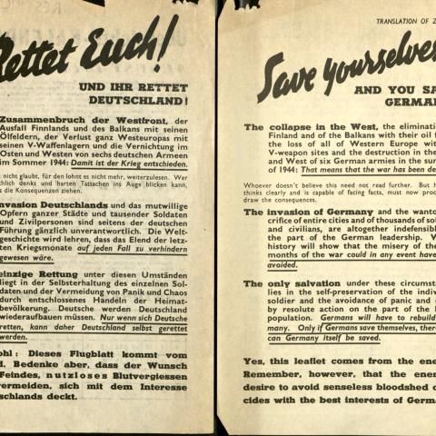 German- and English-language versions of flyer, "Save yourselves and you save Germany!"