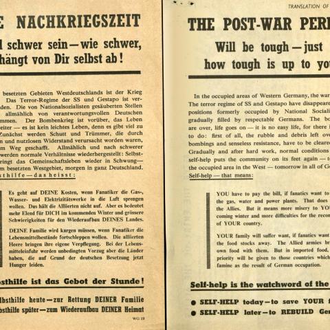 German- and English-language versions of flyer, "The Post-War period will be tough"