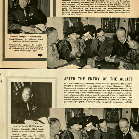 German- and English-language versions of back of flyer, "The Post-War period will be tough"