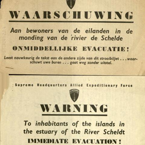 German- and English-language versions of flyer, "Warning: to inhabitants of the islands in the estuary of the River Scheldt: Immediate Evacuation!"