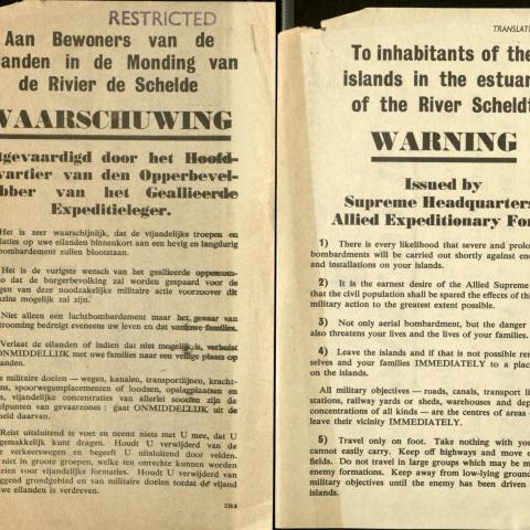German- and English-language versions of back of flyer, "Warning: to inhabitants of the islands in the estuary of the River Scheldt: Immediate Evacuation!"