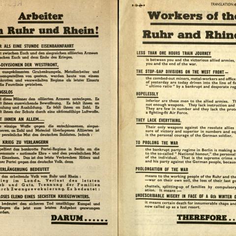 German- and English-language versions of flyer, "Workers of the Ruhr and Rhine!"