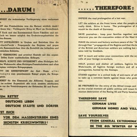German- and English-language versions of back of flyer, "Workers of the Ruhr and Rhine!"