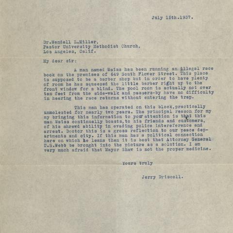 Letter to Reverend Wendell L. Miller regarding an illegal bookmaking operation