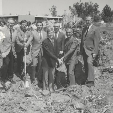1971 Ground breaking for the library. From right to left, Norman Tanis, James Cleary, Donald Cameron, and Warner Master (far left).