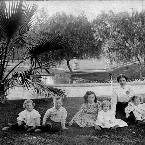 Lillie Mulholland and children at Hollenbeck Park, circa 1898