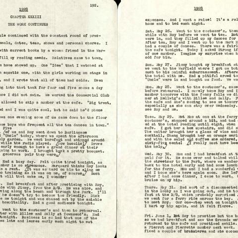 Draft pages from Lollipop Vaudeville Turns with a Fanchon and Marco Dancer by Reva Howitt Clar, edited by Mimi Clar Melnick, ca. 2000