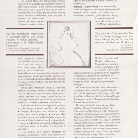 Flyer, "Lovemaps & Gender Identity, Theory and Therapy," ca. 1989