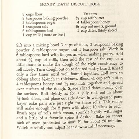Page 115, Honey Date Biscuit Roll, Favorite, breads from Rose Lane Farm, by Ada Lou Roberts, 1960. TX769 .R64 1960