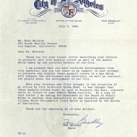 Letter from Mayor Tom Bradley to Mimi Melnick regarding her efforts to preserve manhole covers in Los Angeles, July 5, 1984