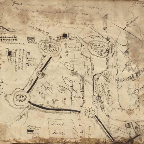 A hand-drawn map with various notes and dates