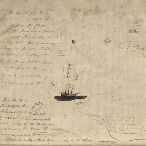 A hand-drawn map of naval ships, along with handwritten notes