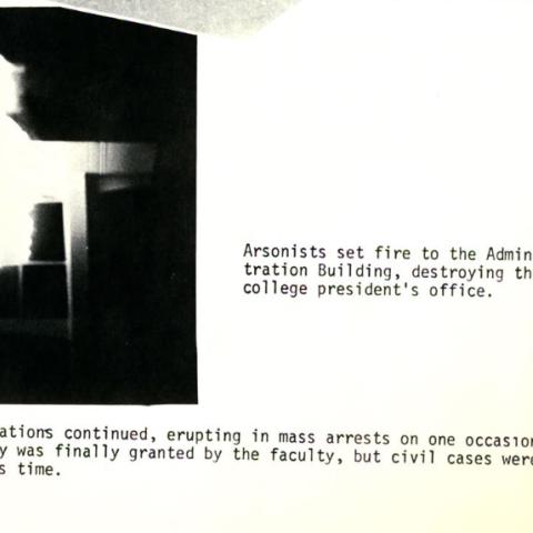 Photograph of arson incident and statement about faculty support for student amnesty printed in the Matador (CSUN Yearbook), 1969, p. 107