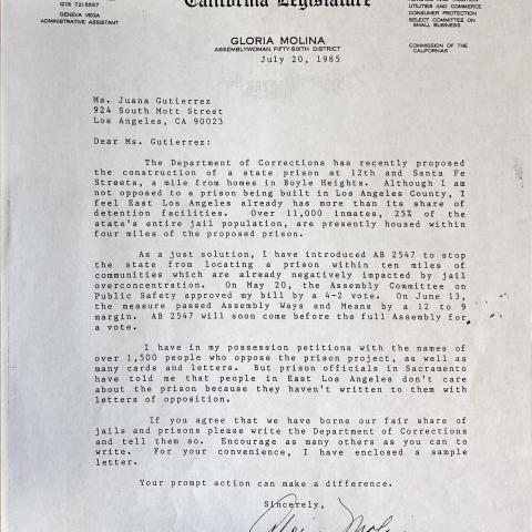 Letter from Assemblywoman Gloria Molina, July 20, 1985, Juana Beatriz Gutiérrez Mothers of East Los Angeles (MELA) Collection