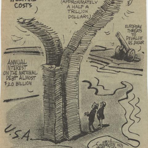 Political cartoon which warns of a "Day of Reckoning" due to the the rising national debt
