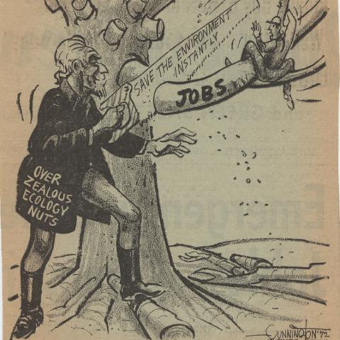 Political cartoon demonstrating the relationship between environmental issues and the job market
