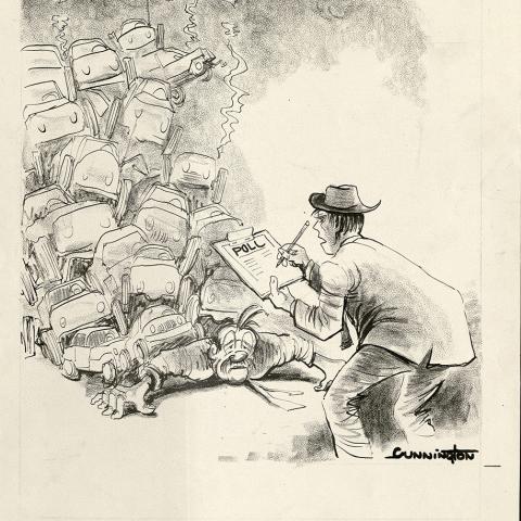 Preliminary drawing for a political cartoon characterizing the need to support the development of rapid transit in Los Angeles and the San Fernando Valley