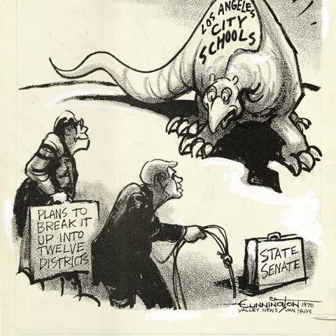 Preliminary drawing for a political cartoon which comments upon Senate's attempts to divide the LAUSD