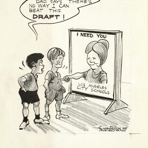 Preliminary drawing for a political cartoon depicting the LAUSD as an inescapable government power