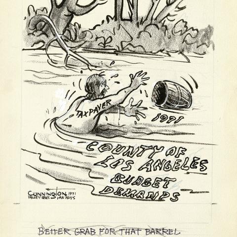 Preliminary drawing for a political cartoon which illustrates the difficulties faced by taxpayers in Los Angeles