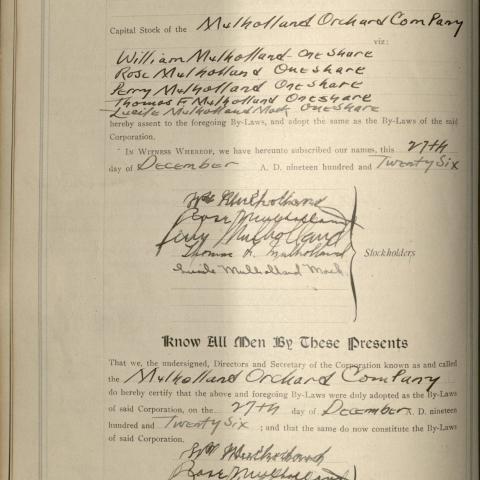 Mulholland Orchard Company shareholders documents